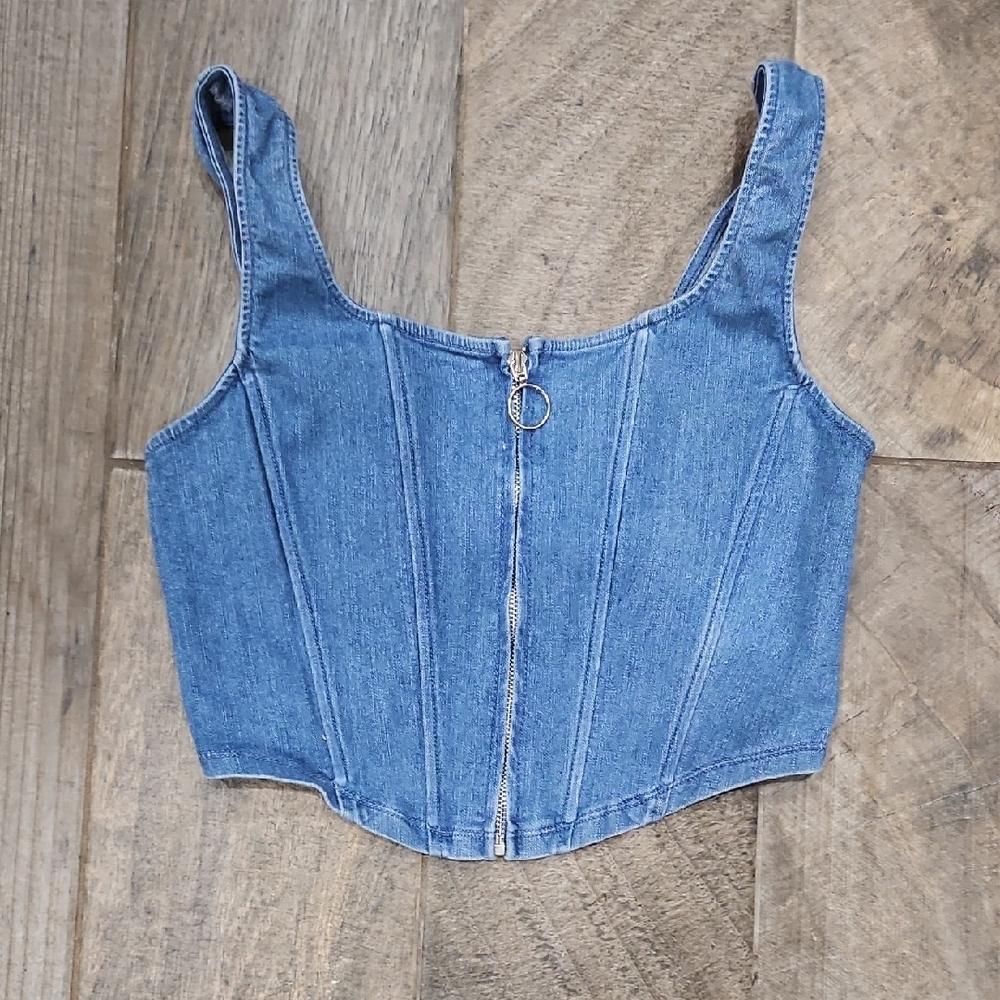 Blue Denim Crop Top with Front Zipper
